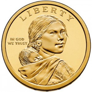 Sacagawea on a U.S. dollar coin. What do the image and the words around her convey about this woman?